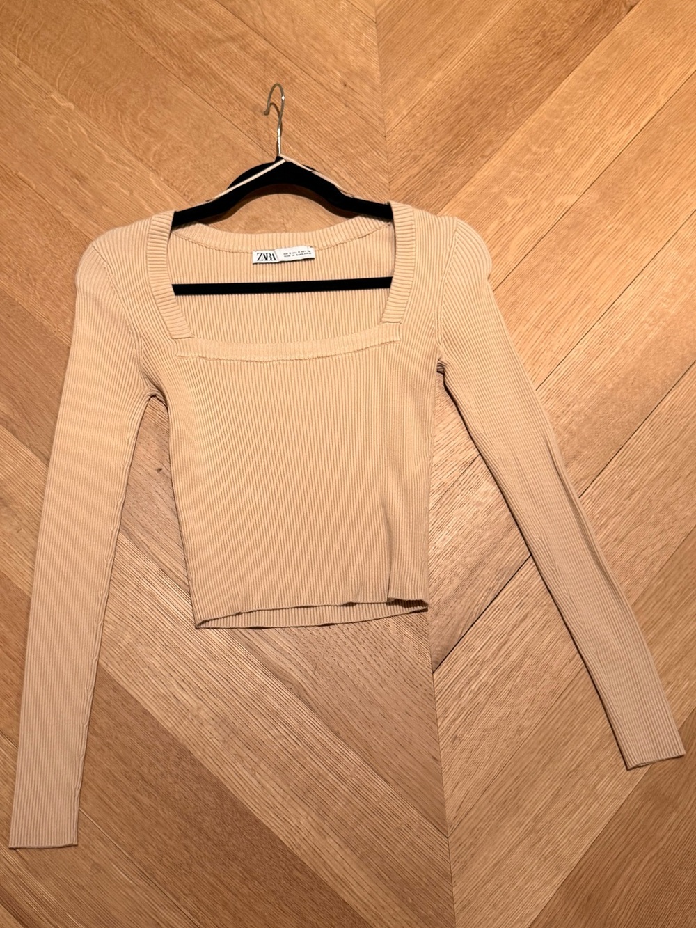 Zara Sand Ribbed Square-Neck Long Sleeve Top